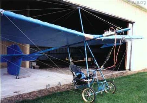 A nearly finished Gypsy, just missing a engine and the wooden fuselage. Looking a lot like another VULA plan, the Woodhopper (permission granted to use this picture by Scott Perkins of VULA)