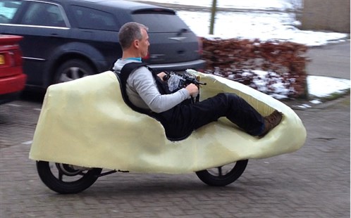 Me testing the faired Funbike. It felt good at once. Still needs a wind screen, lights and its final layers of skin.